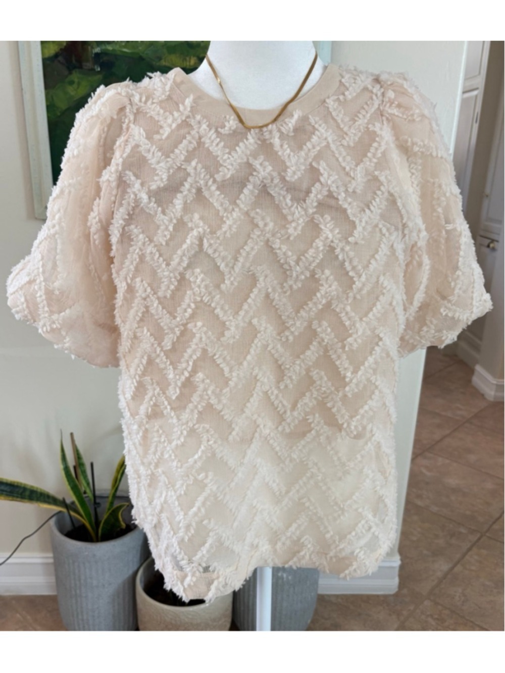Inherit Clothing Company Beige Textured Blouse S, puff sleeve tie back